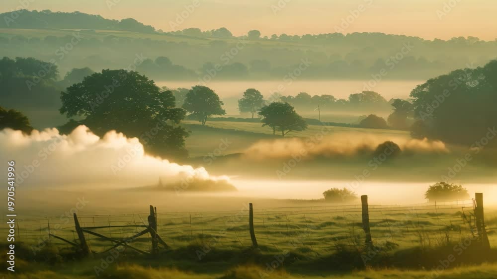 A tranquil landscape at dawn, with fog slowly lifting over rolling hills and trees, A peaceful countryside scene with fog slowly lifting as the sun begins to rise
