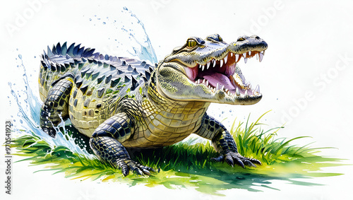 Crocodile sitting on the ground in the grass with watercolor effect generative ai
