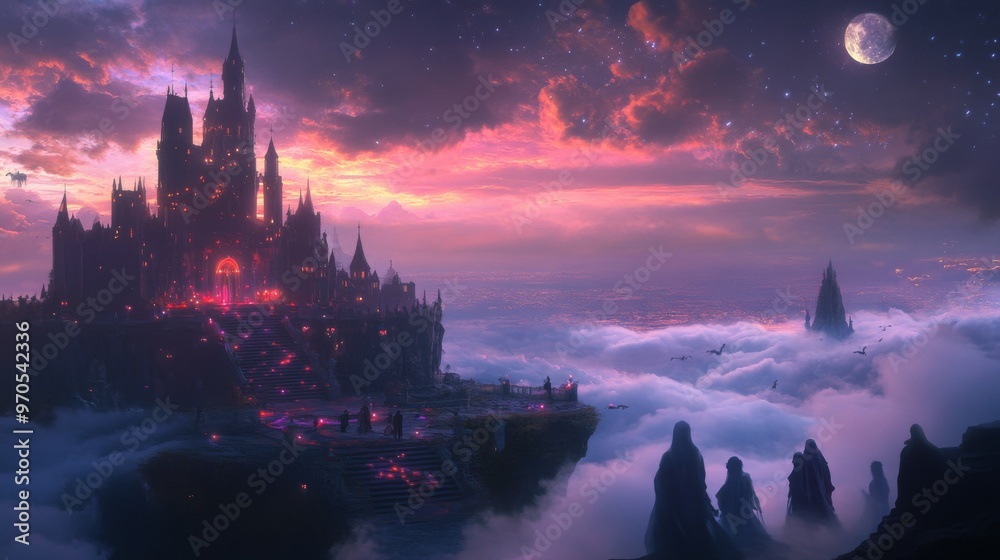 A Silhouetted Castle Perched on a Mountaintop Above Clouds A Silhouetted Castle Perched on a Mountaintop Above Clouds