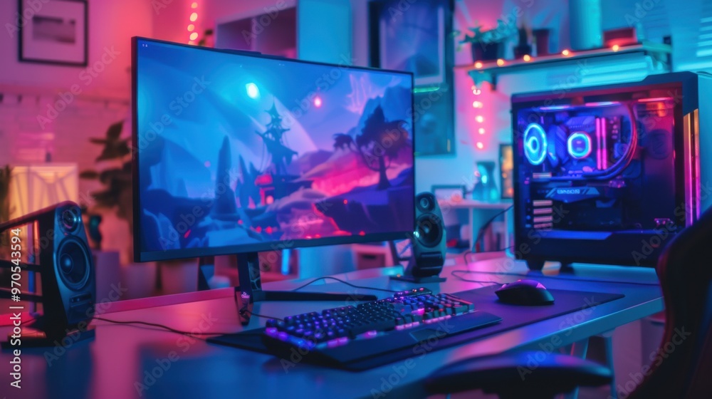A sleek, high - performance gaming setup featuring a mechanical keyboard, gaming mouse, and powerful desktop PC, all lit by vibrant RGB lighting in a room with atmospheric neon hues