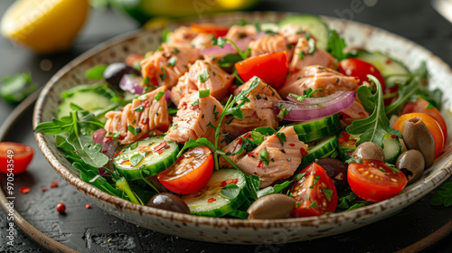 Mediterranean Tuna Salad: Flaked tuna, cucumbers, tomatoes, red onion, olives, capers, arugula, dressed with olive oil and lemon juice