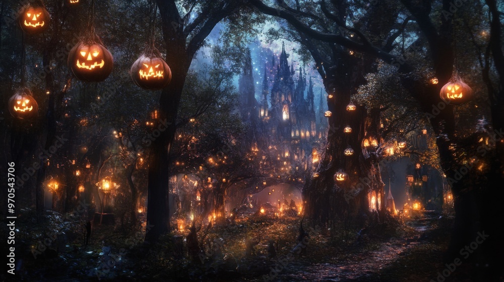 Fototapeta premium A Mystical Halloween Forest with Jack-O'-Lanterns and a Distant Castle