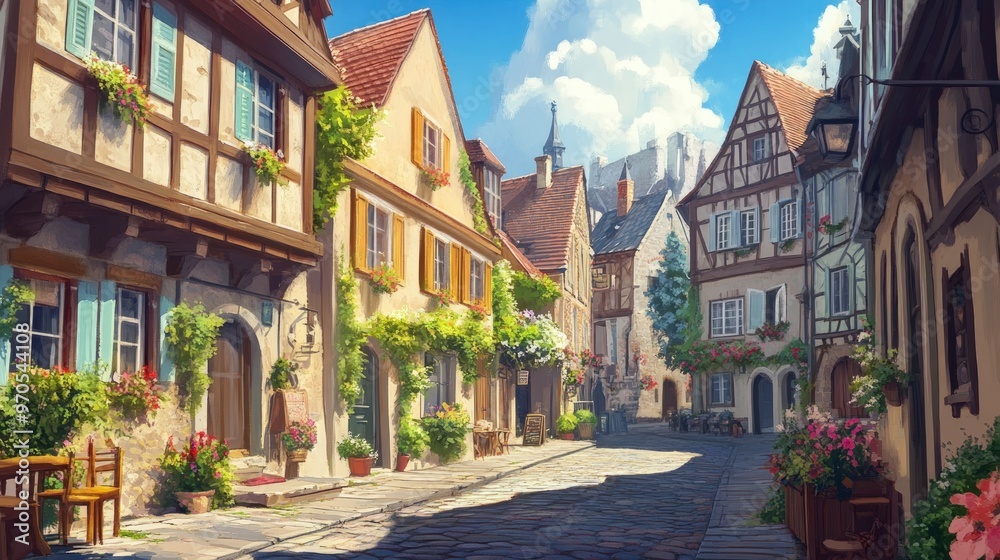 A charming cobblestone street in a European town, lined with quaint buildings, flowers, and greenery. The street slopes up towards a distant castle, bathed in sunshine. A charming cobblestone street in a European town, lined with quaint buildings, flowers, and greenery. The street slopes up towards a distant castle, bathed in sunshine.