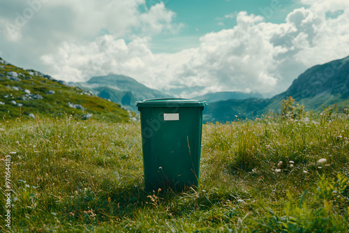 Green Recycling Bin in Stunning Nature Scenery with Cinestill 800T Film Grain photo