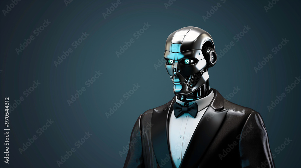 A sophisticated humanoid robot dressed in a formal black tuxedo suit on a minimal blue banner background with copy space for text. Futuristic technology concept A sophisticated humanoid robot dressed in a formal black tuxedo suit on a minimal blue banner background with copy space for text. Futuristic technology concept