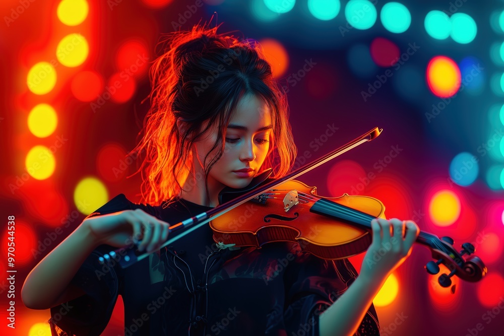Fototapeta premium a woman engrossed in playing the violin, positioned to the left of the frame against a solid blue background