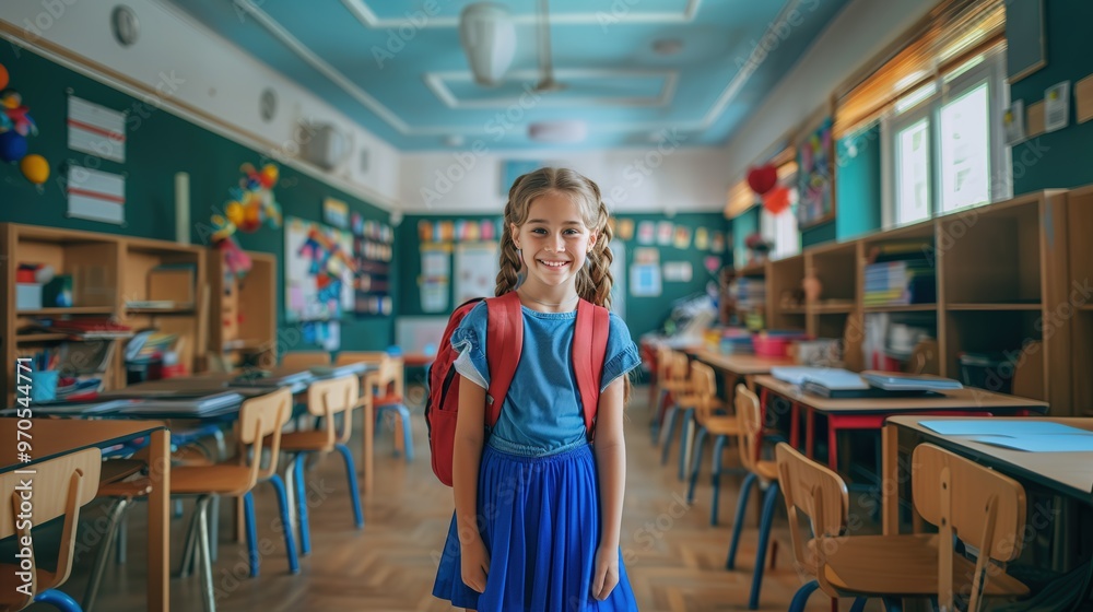Girl with blue skirt and red backpack, standing in school classroom, portrait smiling Girl with blue skirt and red backpack, standing in school classroom, portrait smiling