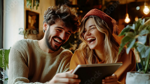 Young couple enjoying a joyful moment together while browsing a tablet in a cozy café