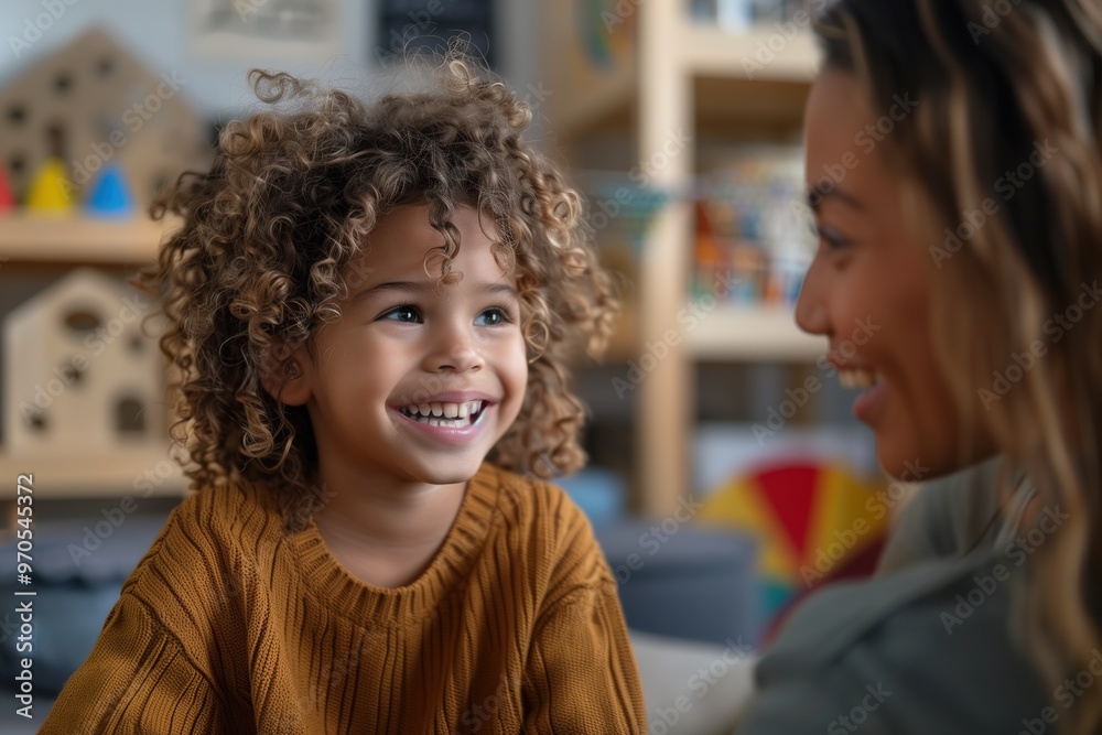 Portrait of a child with autism working with a therapist during a session, both smiling and interacting positively. The therapy room is welcoming and filled with educational tools. Portrait of a child with autism working with a therapist during a session, both smiling and interacting positively. The therapy room is welcoming and filled with educational tools.