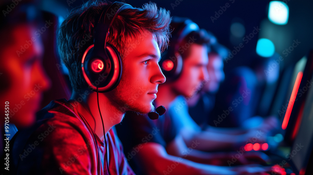 Young gamers compete in an esports tournament at a vibrant gaming arena during the evening hours Young gamers compete in an esports tournament at a vibrant gaming arena during the evening hours