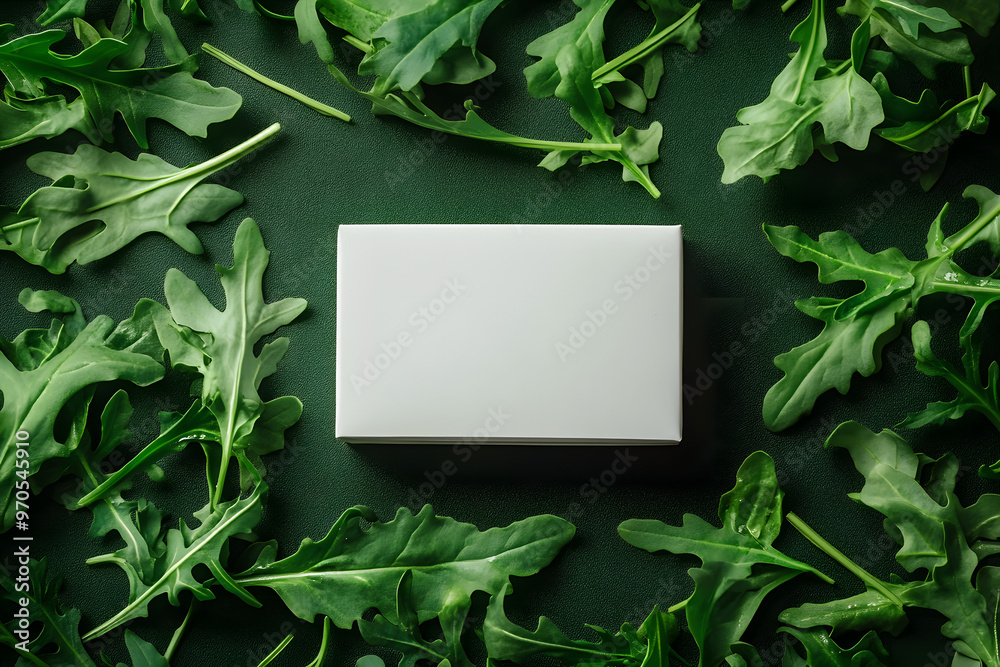 White Rectangular Chocolate Box on Dark Green Background with Arugula White Rectangular Chocolate Box on Dark Green Background with Arugula