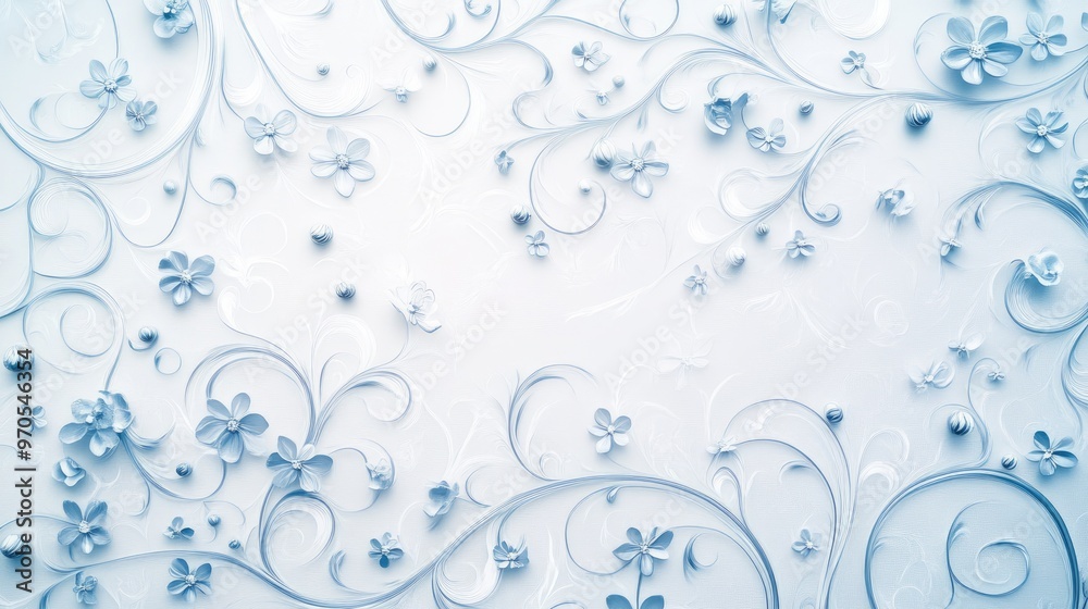 Beautiful swirling floral lines of tiny flowers, set on a soft white-light blue background, creating a graceful and intricate design Beautiful swirling floral lines of tiny flowers, set on a soft white-light blue background, creating a graceful and intricate design