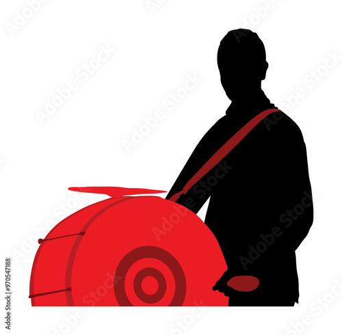 Traditional music instrument performer. Musician man play drum on street vector silhouette illustration isolated. Drummer boy vector. Islamic performer Asian style. Amusement male public entertainment