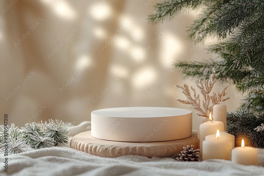 Christmas Candlelit Display with Pinecones, Festive Greenery, and Wooden Platform in a Cozy Winter Scene