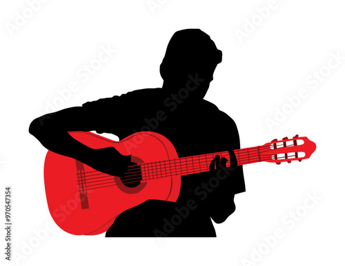 Man playing acoustic guitar vector silhouette illustration isolated. Classic music street performer concert. Musician artist amusement public. Virtuoso classic guitar. Boy play string instrument.