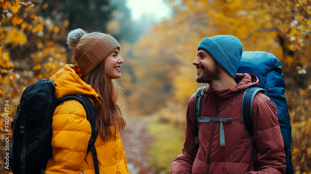 Happy hikers enjoy a joyful moment on a colorful autumn trail surrounded by nature Happy hikers enjoy a joyful moment on a colorful autumn trail surrounded by nature