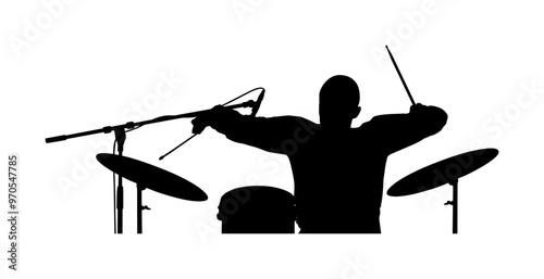 Rock and roll drummer vector silhouette illustration isolated on white background. Musician play drums on stage. Super star music concert show. Great event for fan supporters. Drummer player shape.