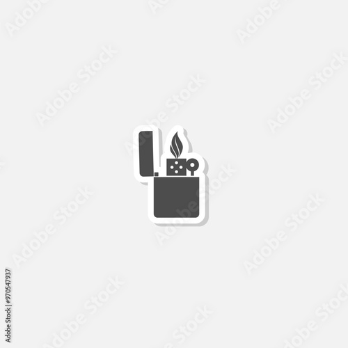 Metal lighter with fire for smoking icon sticker isolated on gray background