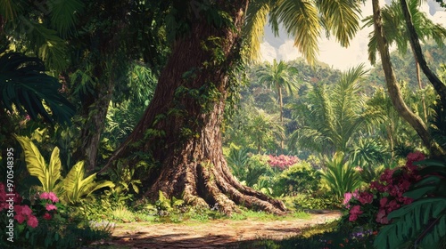 coconut tree with its trunk covered in climbing vines