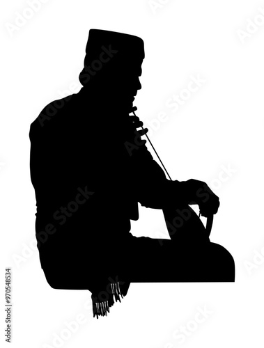Guslar play gusle vector silhouette illustration isolated. Traditional music instrument from Montenegro and Serbia. Balkan musician player and singer shape shadow. Folklore artist event.