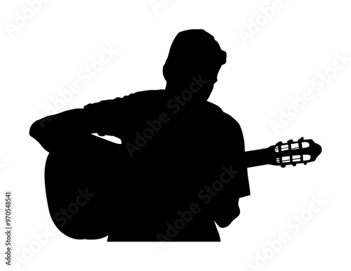 Man playing acoustic guitar vector silhouette illustration isolated. Classic music street performer concert. Musician artist amusement public. Virtuoso classic guitar. Boy play string instrument.