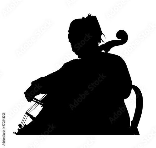 Woman cellist siting playing cello vector silhouette illustration isolated. Music artist girl string instrument. Jazz lady performer. Musician play cello. Public entertainment. Classic music event.