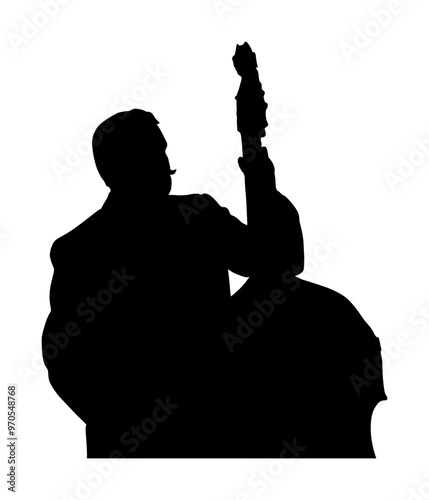 Man playing contrabass vector silhouette illustration isolated. Music man with contra bass standing on concert event stage. Double bass performer shape shadow. Classic musician with string instrument.