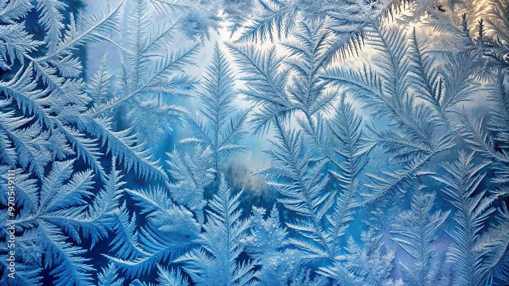 Frosty blue and silver hues frost patterns on a window pane Frosty blue and silver hues frost patterns on a window pane