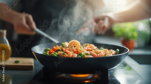 A vibrant stir-fry with fresh shrimp and colorful vegetables, steaming on a stovetop, creating an inviting cooking atmosphere.