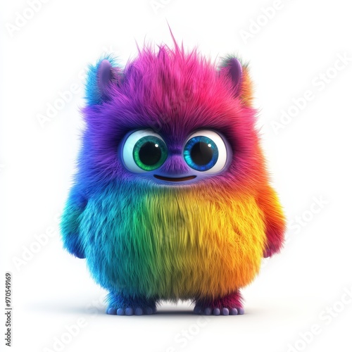 Cute rainbow furry monster 3D cartoon character 
