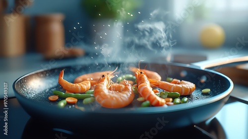 Wallpaper Mural A vibrant scene of shrimp sizzling in a skillet, surrounded by fresh vegetables, showcasing a delicious cooking experience. Torontodigital.ca