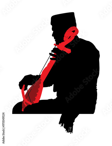 Guslar play gusle vector silhouette illustration isolated. Traditional music instrument from Montenegro and Serbia. Balkan musician player and singer shape shadow. Folklore artist event.