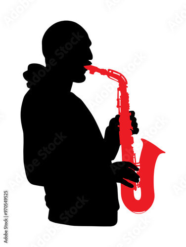 Saxophone player vector silhouette illustration. Music man play wind instrument. Music artist. Jazz man. Bugler street performer. Musician play trumpet. Entertainment for public. Classic music event.