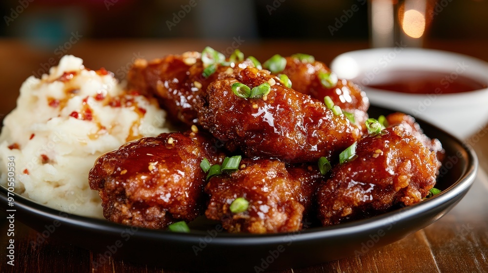 fried chicken dinner with a twist, featuring pieces coated in a spicy honey glaze fried chicken dinner with a twist, featuring pieces coated in a spicy honey glaze