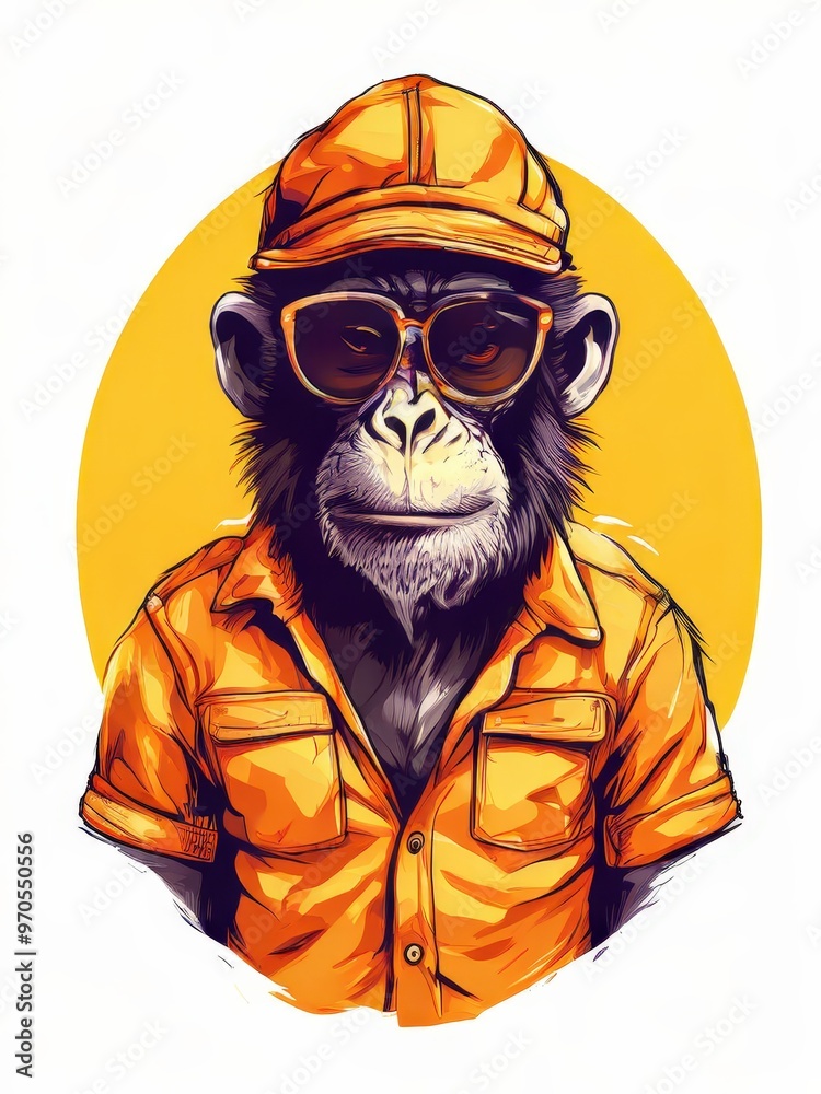 Fototapeta premium the AI Image Generator, Serious Chimpanzee in Red Firefighter Gear and Yellow Helmet