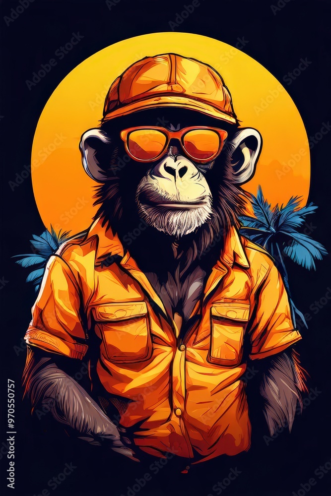 the AI Image Generator, Serious Chimpanzee in Red Firefighter Gear and Yellow Helmet