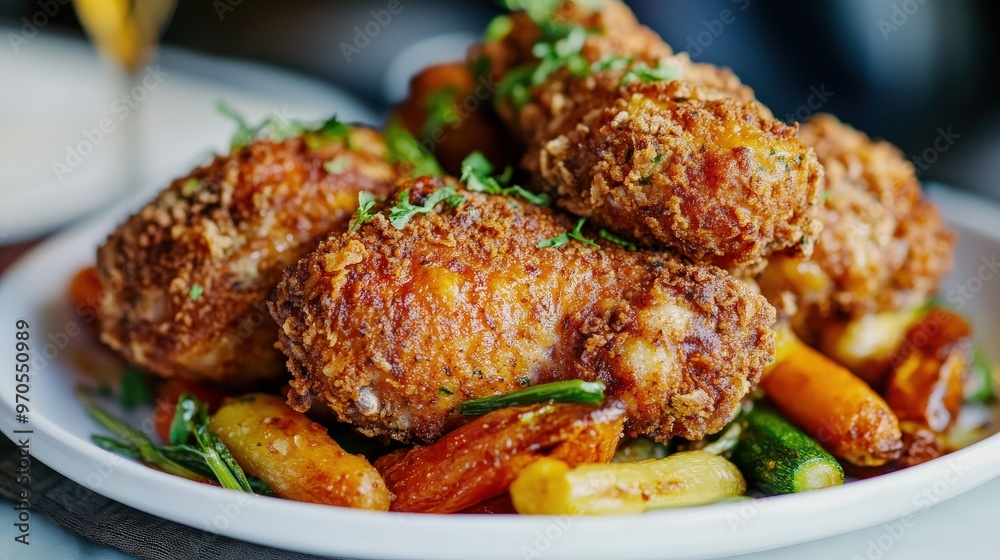 fried chicken dinner with pieces coated in a savory herb crust. fried chicken dinner with pieces coated in a savory herb crust.