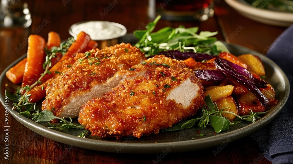 fried chicken dinner with pieces coated in a savory herb crust. fried chicken dinner with pieces coated in a savory herb crust.