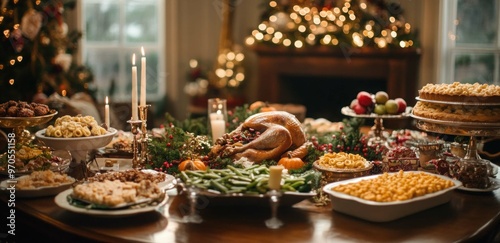 Aesthetic red-themed Christmas dinner table setting with wine glasses and nice tableware with gold accents