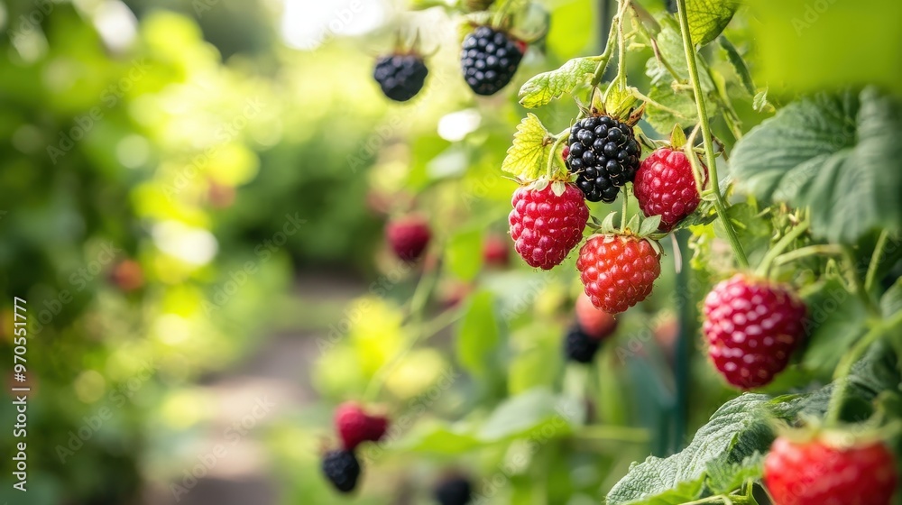 lush fruit garden with a variety of berry bushes. lush fruit garden with a variety of berry bushes.