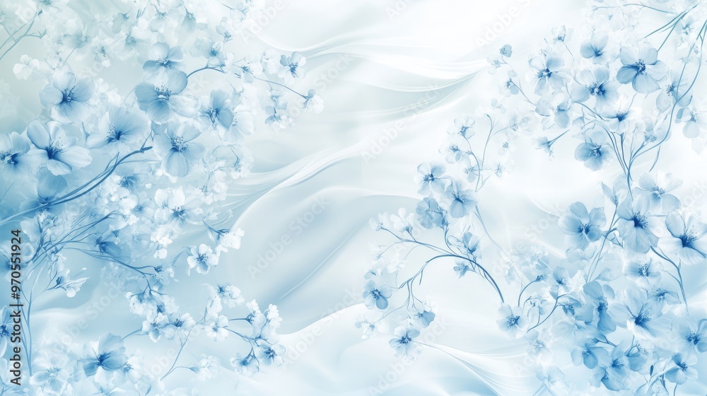 Delicate swirls of tiny flowers flowing across a soft white-light blue background, creating a graceful and enchanting floral pattern Delicate swirls of tiny flowers flowing across a soft white-light blue background, creating a graceful and enchanting floral pattern