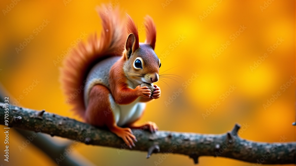 A squirrel with a red tail is eating something while sitting on a tree branch A squirrel with a red tail is eating something while sitting on a tree branch