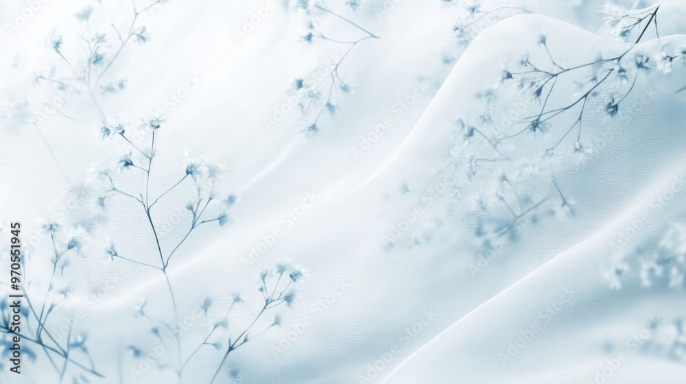 Delicate swirls of tiny flowers flowing across a soft white-light blue background, creating a graceful and enchanting floral pattern