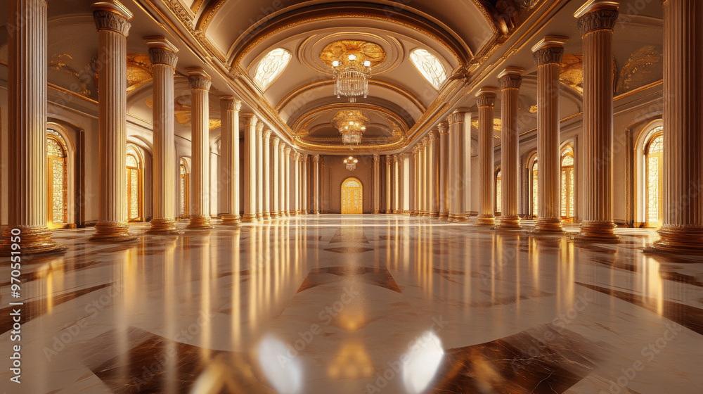 Fototapeta premium A stunning 3D image of a grand hall, showcasing its pillars and shiny floors that reflect light. The wide view feels like you're standing right there.360 degree view
