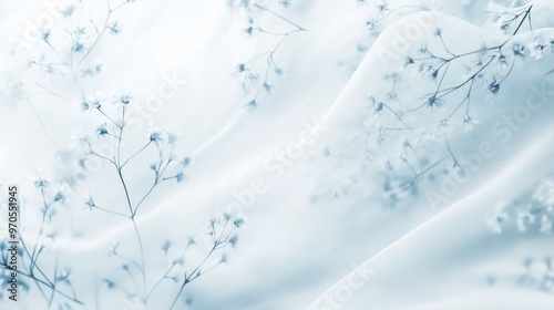 Delicate swirls of tiny flowers flowing across a soft white-light blue background, creating a graceful and enchanting floral pattern