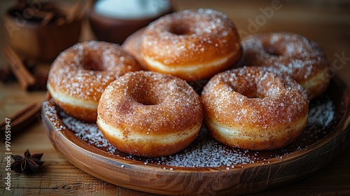 A plate of donuts with powdered sugar on top. Homemade dessert background