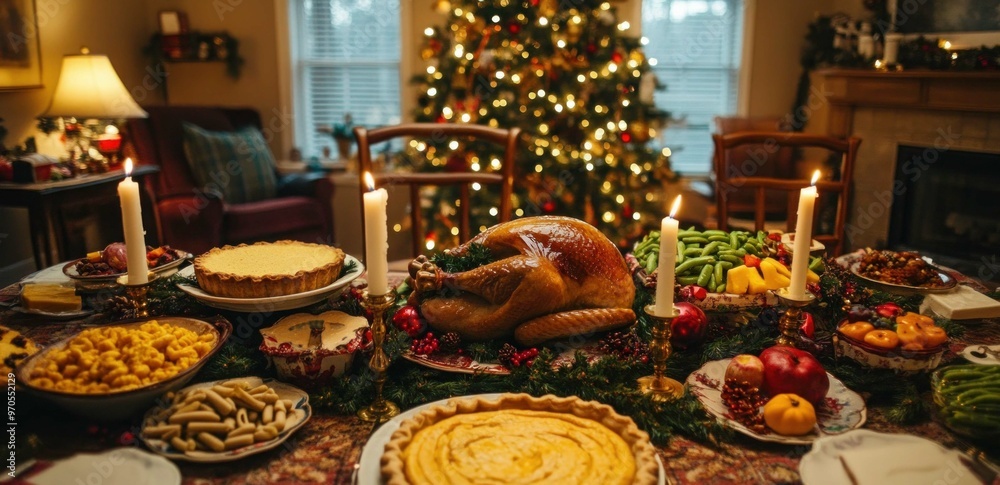 Aesthetic red-themed Christmas dinner table setting with wine glasses and nice tableware with gold accents Aesthetic red-themed Christmas dinner table setting with wine glasses and nice tableware with gold accents