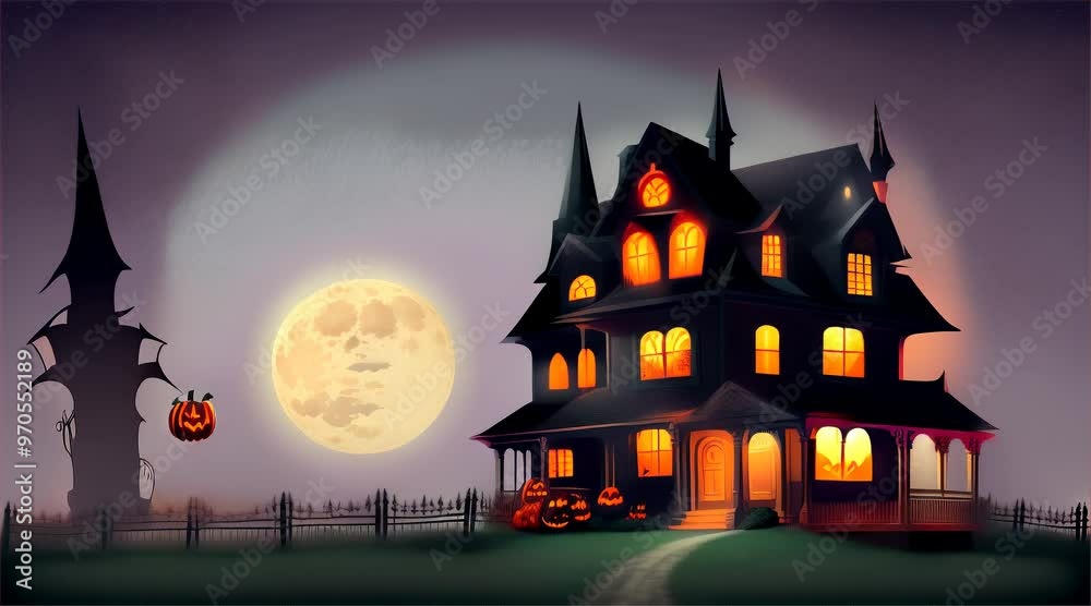 Happy Halloween party poster with orange and brown autumn background with night clouds, full moon, witch, pumpkin, magic, spider web, flying bats and spooky castle. Halloween-themed greeting card Happy Halloween party poster with orange and brown autumn background with night clouds, full moon, witch, pumpkin, magic, spider web, flying bats and spooky castle. Halloween-themed greeting card