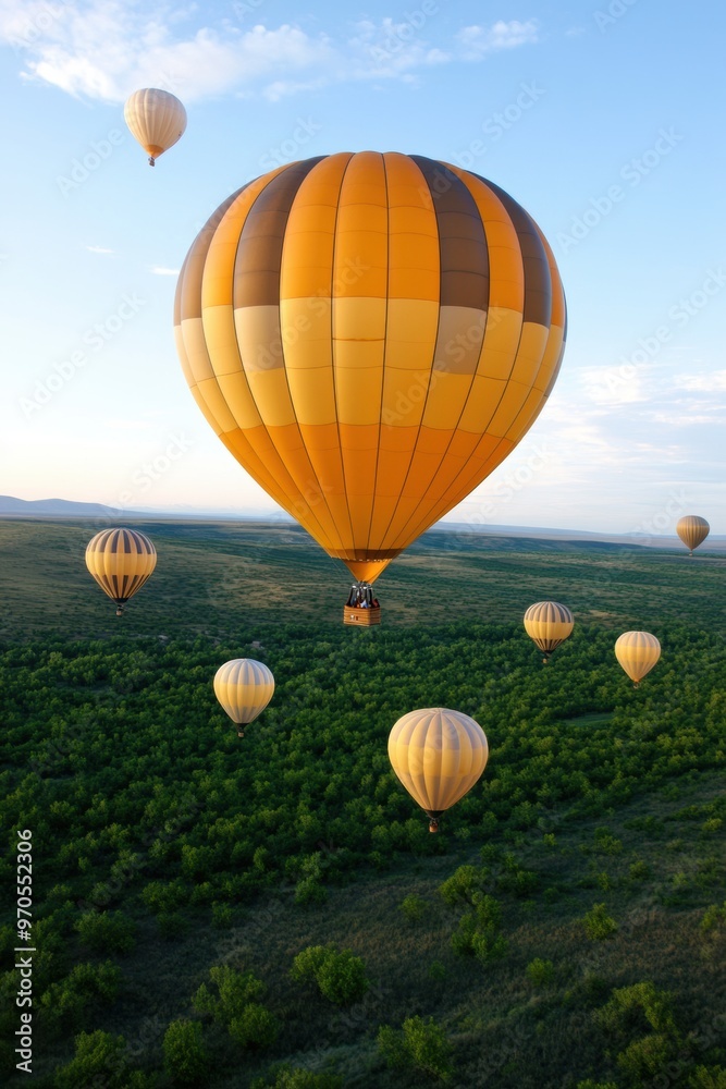 Fototapeta premium Balloons gently flowing into the air, carried by the breeze over a vast landscape.