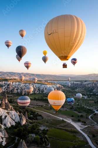 Balloons gently flowing into the air, carried by the breeze over a vast landscape.